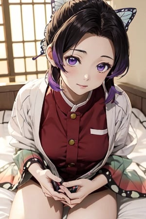 wear the shinobu costume,black hair,PURPLE eyes,cute,tiny girl,japanese,kimetsu no yaiba,not tied,Purple Eyes,wear,there is a hint of purple under his hair,kochou shinobu, nsfw, (pov hands), grabbing breasts, a cute girl, close up, upper body, pale blonde hair, short hair, loose-fitting red shirt, bed,