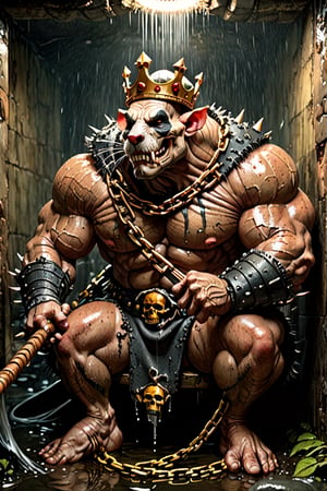 digital art 8k, high quality image,  a ripped,  muscluar, large muscles, correct anatomy, hairy, humanoid rat mutant, sitting on a large toilet in a dark, damp, wet, slimy sewer,  wearing a crown, the rat king is holding one large sledge hammer. The rat king wears gold chains, with a skull amulet hanging from the chain. The rat king should have "kingrat_" text logo tattooed on his arm. The rat king should have scars, wounds from battle, war tattoos. Full body photo. 

The rat king should look aggressive and defiant.,band_bodysuit,Movie Still,Text,DonMn1ghtm4reXL