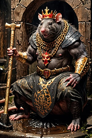 digital art 8k,  a ripped,  muscluar,  full body shot,  rabid rat sitting on a golden toilet in a dark damp sewer,  wearing a crown,  the rat king is holding a large sledge hammer. The rat king should have scars,  wounds from battle,  war tattoos,  gold chains around his neck. The rat king should have ((text "kingrat_" text)) tattooed on his arm.((text "2024" text)) text logo should be tattooed on his other arm. The rat king should have rat feet. , long sharp talons, matted fur, 1 long thin tail, evil looking, long nose

The rat king should look aggressive and defiantly at the viewer.