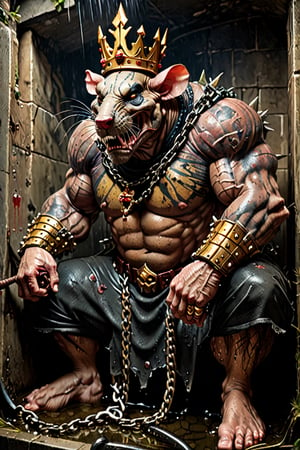 digital art 8k, high quality image,  a ripped,  muscluar, large muscles, correct anatomy, hairy, humanoid rat mutant, sitting on a large toilet in a dark, damp, wet, slimy sewer,  wearing a crown, the rat king is holding one large sledge hammer. The rat king wears gold chains, with a skull amulet hanging from the chain. The rat king should have "kingrat_" text logo tattooed on his arm. The rat king should have scars, wounds from battle, war tattoos. Full body photo. 

The rat king should look aggressive and defiant.,band_bodysuit,Movie Still,Text,DonMn1ghtm4reXL