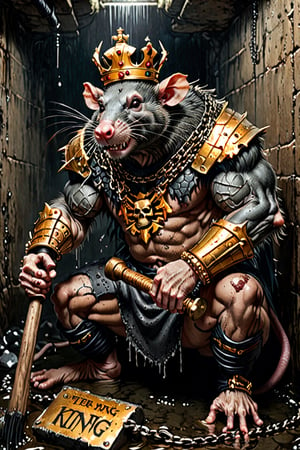 digital art 8k,  a ripped,  muscluar,  humanoid rat sitting on a  toilet in a dark damp sewer,  wearing a crown, the rat king is holding a large sledge hammer. The rat king wears gold chains, with a skull amulet hanging from the chain. The rat king should have "kingrat_" text logo tattooed on his arm. The rat king should have scars, wounds from battle, war tattoos. Full body photo. 

The rat king should look aggressive and defiant.,band_bodysuit,Movie Still,Text,DonMn1ghtm4reXL