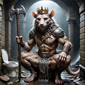 Please create a painted digital image of an anthropomorphic kat kig, in a realistic style.

digital art 8k,  a ripped,  muscluar,  humanoid rat sitting on a toilet in a dark damp sewer,  wearing a crown,  holding a large war hammer over its shoulder 

The rat king should look aggressive and defiant.

,LegendDarkFantasy,Movie Still,text logo