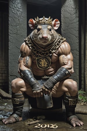 digital art 8k,  a ripped,  muscluar,  humanoid rat sitting on a toilet in a dark damp sewer,  wearing a crown, the rat king is weilding a large sledge hammer over its shoulder. The rat king should have scars, wounds from battle, war tattoos, gold chains around his neck. The rat king should have "kingrat_" text logo tattooed on his arm. "2024" text logo should be tattooed on his other arm.

The rat king should look aggressive and defiant.,band_bodysuit,Movie Still,Text,newhorrorfantasy_style,Ukiyo-e