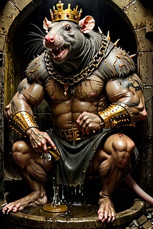 digital art 8k,  a ripped,  muscluar,  humanoid rat sitting on a golden toilet in a dark damp sewer,  wearing a crown, the rat king is weilding a large sledge hammer. The rat king should have scars, wounds from battle, war tattoos, gold chains around his neck. The rat king should have "kingrat_" text logo tattooed on his arm. "2024" text logo should be tattooed on his other arm.

The rat king should look aggressive and defiant.,band_bodysuit,Movie Still,Text,DonMn1ghtm4reXL