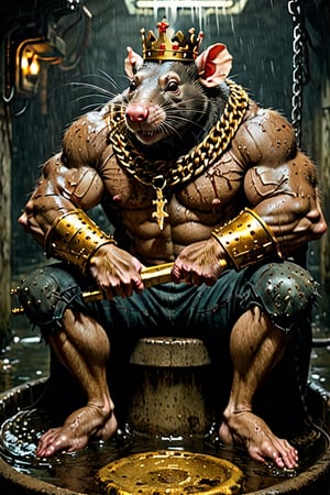 digital art 8k,  a ripped,  muscluar,  humanoid rat sitting on a golden toilet in a dark damp sewer,  wearing a crown, the rat king is weilding a large sledge hammer. The rat king should have scars, wounds from battle, war tattoos, gold chains around his neck. The rat king should have "kingrat_" text logo tattooed on his arm. "2024" text logo should be tattooed on his other arm.

The rat king should look aggressive and defiant.,band_bodysuit,Movie Still,Text,DonMn1ghtm4reXL