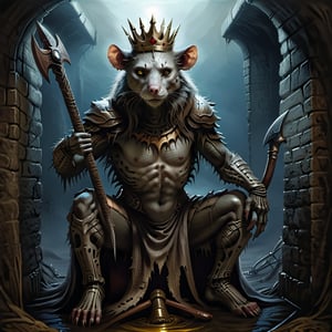 Please create a painted digital image of an anthropomorphic kat kig, in a realistic style.

digital art 8k,  a ripped,  muscluar,  humanoid rat sitting on a toilet in a dark damp sewer,  wearing a crown,  holding a large axe over its shoulder 

The rat king should look aggressive and defiant. Add a fade around the outside of the image

,LegendDarkFantasy,Gric,comic book,band_bodysuit,zkeleton,HellAI