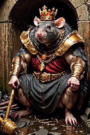 digital art 8k,  a ripped,  muscluar,  full body shot,  rabid rat sitting on a golden toilet in a dark damp sewer,  wearing a crown,  the rat king is holding a large sledge hammer. The rat king should have scars,  wounds from battle,  war tattoos,  gold chains around his neck. The rat king should have ((text "kingrat_" text)) tattooed on his arm.((text "2024" text)) text logo should be tattooed on his other arm. The rat king should have rat feet. , long sharp talons, matted fur, 1 long thin tail, evil looking, long nose

The rat king should look aggressive and defiantly at the viewer.