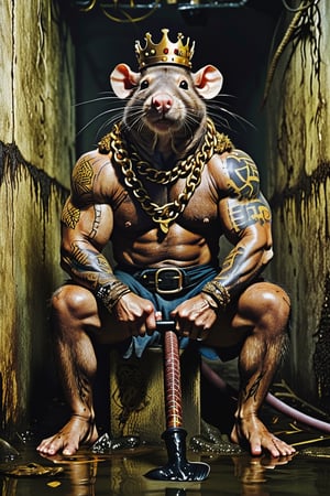 digital art 8k,  a ripped,  muscluar,  humanoid rat sitting on a toilet in a dark damp sewer,  wearing a crown, the rat king is weilding a large sledge hammer over its shoulder. The rat king should have scars, wounds from battle, war tattoos, gold chains around his neck. The rat king should have "kingrat_" text logo tattooed on his arm. "2024" text logo should be tattooed on his other arm.

The rat king should look aggressive and defiant.,band_bodysuit,Movie Still,Text,newhorrorfantasy_style,Ukiyo-e,monster