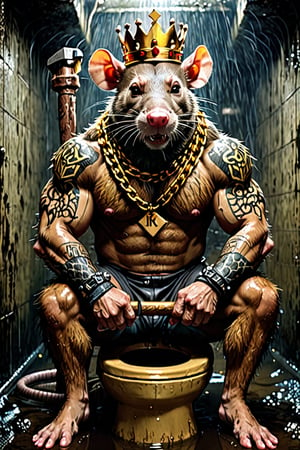 digital art 8k,  a ripped,  muscluar,  humanoid rat sitting on a gold toilet in a dark damp sewer,  wearing a crown, the rat king is holding a large sledge hammer over its shoulder. The rat king should have scars, wounds from battle, war tattoos, gold chains around his neck. The rat king should have "kingrat_" text logo tattooed on his arm. "2024" text logo should be tattooed on his other arm.

The rat king should look aggressive and defiant.,band_bodysuit,Movie Still,Text,newhorrorfantasy_style,Ukiyo-e,monster