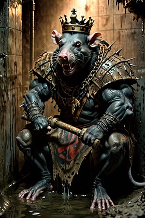 digital art 8k,  a ripped,  muscluar,  humanoid rat sitting on a toilet in a dark damp sewer,  wearing a crown, the rat king is weilding a large sledge hammer over its shoulder. The rat king should have scars, wounds from battle, war tattoos, gold chains around his neck. The rat king should have "kingrat_" text logo tattooed on his arm. "2024" text logo should be tattooed on his other arm.

The rat king should look aggressive and defiant.,band_bodysuit,Movie Still,Text,DonMn1ghtm4reXL