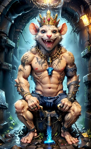 an anthropomorphic kat kig, in a realistic style.

digital art 8k,  a ripped,  muscluar,  humanoid rat sitting on a toilet in a dark damp sewer,  wearing a crown, the rat king is weilding a large sledge hammer over its shoulder. The rat king should have scars, wounds from battle, war tattoos, gold chains around his neck. 
The rat king should have "kingrat_" tattooed on his arm. "2024" should be tattooed on his other arm.

The rat king should look aggressive and defiant.,DonMDj1nnM4g1cXL 