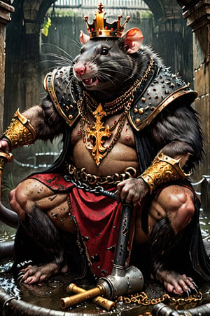 digital art 8k,  a ripped,  muscluar,  full body shot,  rabid rat sitting on a golden toilet in a dark damp sewer,  wearing a crown,  the rat king is holding a large sledge hammer. The rat king should have scars,  wounds from battle,  war tattoos,  gold chains around his neck. The rat king should have ((text "kingrat_" text)) tattooed on his arm.((text "2024" text)) text logo should be tattooed on his other arm. The rat king should have rat feet. , long sharp talons, matted fur, 1 long thin tail, evil looking, long nose

The rat king should look aggressive and defiantly at the viewer.