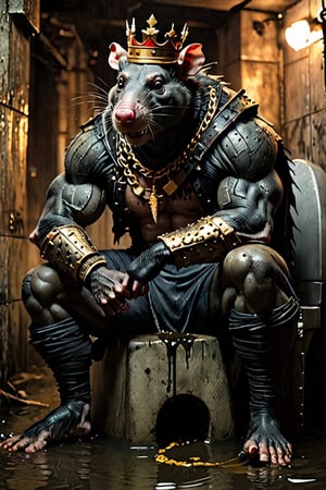 digital art 8k,  a ripped,  muscluar,  humanoid rat sitting on a toilet in a dark damp sewer,  wearing a crown, the rat king is weilding a large sledge hammer over its shoulder. The rat king should have scars, wounds from battle, war tattoos, gold chains around his neck. The rat king should have "kingrat_" text logo tattooed on his arm. "2024" text logo should be tattooed on his other arm.

The rat king should look aggressive and defiant.,band_bodysuit,Movie Still,Text,DonMn1ghtm4reXL