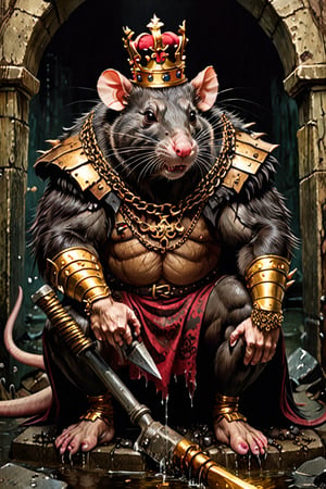 digital art 8k,  a ripped,  muscluar,  full body shot,  rabid rat sitting on a golden toilet in a dark damp sewer,  wearing a crown,  the rat king is holding a large sledge hammer. The rat king should have scars,  wounds from battle,  war tattoos,  gold chains around his neck. The rat king should have ((text "kingrat_" text)) tattooed on his arm.((text "2024" text)) text logo should be tattooed on his other arm. The rat king should have rat feet. , long sharp talons, matted fur, 1 long thin tail, evil looking, long nose

The rat king should look aggressive and defiantly at the viewer.