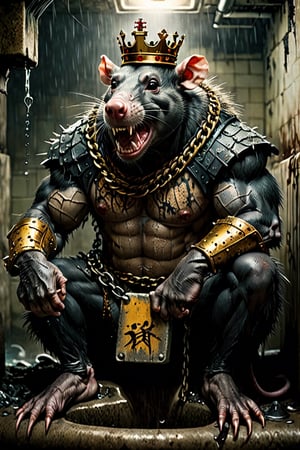 digital art 8k,  a ripped,  muscluar,  humanoid rat sitting on a toilet in a dark damp sewer,  wearing a crown, the rat king is weilding a large sledge hammer over its shoulder. The rat king should have scars, wounds from battle, war tattoos, gold chains around his neck. The rat king should have "kingrat_" text logo tattooed on his arm. "2024" text logo should be tattooed on his other arm.

The rat king should look aggressive and defiant.,band_bodysuit,Movie Still,Text,DonMn1ghtm4reXL