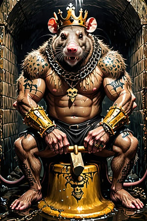 digital art 8k,  a ripped,  muscluar,  humanoid rat sitting on a golden toilet in a dark damp sewer,  wearing a crown, the rat king is weilding a large sledge hammer. The rat king wears gold chains, with a skull amulet hanging from the chain. The rat king should have "kingrat_" text logo tattooed on his arm. "2024" text logo should be tattooed on his other arm. The rat king should have scars, wounds from battle, war tattoos. Full body photo. 

The rat king should look aggressive and defiant.,band_bodysuit,Movie Still,Text,DonMn1ghtm4reXL