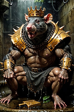 digital art 8k,  a ripped,  muscluar,  humanoid rat sitting on a golden toilet in a dark damp sewer,  wearing a crown, the rat king is weilding a large sledge hammer. The rat king should have scars, wounds from battle, war tattoos, gold chains around his neck. The rat king should have "kingrat_" text logo tattooed on his arm. "2024" text logo should be tattooed on his other arm.

The rat king should look aggressive and defiant.,band_bodysuit,Movie Still,Text,DonMn1ghtm4reXL