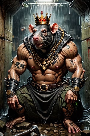 digital art 8k,  a ripped,  muscluar,  humanoid rat sitting on a toilet in a dark damp sewer,  wearing a crown, the rat king is weilding a large sledge hammer over its shoulder. The rat king should have scars, wounds from battle, war tattoos, gold chains around his neck. The rat king should have ((text "kingrat_" text)) tattooed on his arm.((text "2024" text)) text logo should be tattooed on his other arm. The rat king should have rat feet.

The rat king should look aggressive and defiant.,band_bodysuit,Movie Still,Text