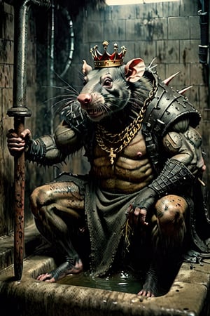 digital art 8k,  a ripped,  muscluar,  humanoid rat sitting on a toilet in a dark damp sewer,  wearing a crown, the rat king is weilding a large sledge hammer over its shoulder. The rat king should have scars, wounds from battle, war tattoos, gold chains around his neck. The rat king should have "kingrat_" text logo tattooed on his arm. "2024" text logo should be tattooed on his other arm.

The rat king should look aggressive and defiant.,band_bodysuit,Movie Still,Text,DonMn1ghtm4reXL