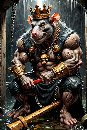 digital art 8k, high quality image,  a ripped,  muscluar, hairy, humanoid rat sitting on a toilet in a dark, damp, wet, slimy sewer,  wearing a crown, the rat king is holding one large sledge hammer. The rat king wears gold chains, with a skull amulet hanging from the chain. The rat king should have "kingrat_" text logo tattooed on his arm. The rat king should have scars, wounds from battle, war tattoos. Full body photo. 

The rat king should look aggressive and defiant.,band_bodysuit,Movie Still,Text,DonMn1ghtm4reXL