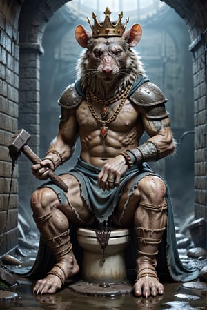 Please create a painted digital image of an anthropomorphic kat kig, in a realistic style.

digital art 8k,  a ripped,  muscluar,  humanoid rat sitting on a toilet in a dark damp sewer,  wearing a crown, the rat king is weilding a large sledge hammer over its shoulder. The rat king should have scars, wounds from battle, war tattoos, gold chains around his neck. The rat king should be wearing cargo shorts.
Behind his head reads "2024"

The rat king should look aggressive and defiant.