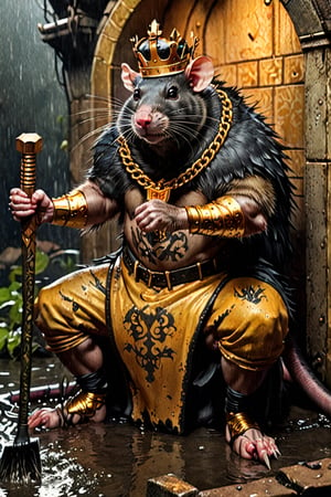 digital art 8k,  a ripped,  muscluar,  full body shot,  rabid rat sitting on a golden toilet in a dark damp sewer,  wearing a crown,  the rat king is holding a large sledge hammer. The rat king should have scars,  wounds from battle,  war tattoos,  gold chains around his neck. The rat king should have ((text "kingrat_" text)) tattooed on his arm.((text "2024" text)) text logo should be tattooed on his other arm. The rat king should have rat feet. , long sharp talons, matted fur, 1 long thin tail, evil looking, long nose

The rat king should look aggressive and defiantly at the viewer.