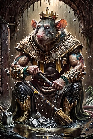 digital art 8k,  a ripped,  muscluar,  humanoid rat sitting on a toilet in a dark damp sewer,  wearing a crown, the rat king is weilding a large sledge hammer over its shoulder. The rat king should have scars, wounds from battle, war tattoos, gold chains around his neck. The rat king should have "kingrat_" text logo tattooed on his arm. "2024" text logo should be tattooed on his other arm.

The rat king should look aggressive and defiant.,band_bodysuit,Movie Still,Text,newhorrorfantasy_style