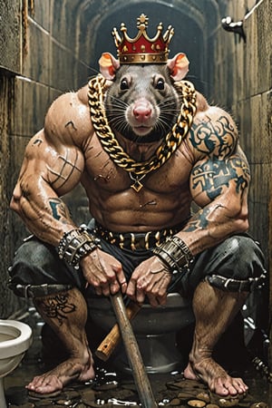 digital art 8k,  a ripped,  muscluar,  humanoid rat sitting on a toilet in a dark damp sewer,  wearing a crown, the rat king is weilding a large sledge hammer over its shoulder. The rat king should have scars, wounds from battle, war tattoos, gold chains around his neck. The rat king should have "kingrat_" text logo tattooed on his arm. "2024" text logo should be tattooed on his other arm.

The rat king should look aggressive and defiant.,band_bodysuit,Movie Still,Text,newhorrorfantasy_style,Ukiyo-e