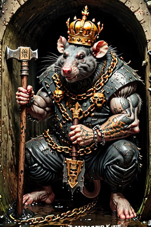 digital art 8k,  a ripped,  muscluar, hairy, humanoid rat sitting on a  toilet in a dark, damp, wet, slimy sewer,  wearing a crown, the rat king is holding a large sledge hammer. The rat king wears gold chains, with a skull amulet hanging from the chain. The rat king should have "kingrat_" text logo tattooed on his arm. The rat king should have scars, wounds from battle, war tattoos. Full body photo. 

The rat king should look aggressive and defiant.,band_bodysuit,Movie Still,Text,DonMn1ghtm4reXL