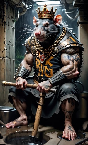 digital art 8k,  a ripped,  muscluar,  humanoid rat sitting on a toilet in a dark damp sewer,  wearing a crown, the rat king is weilding a large sledge hammer over its shoulder. The rat king should have scars, wounds from battle, war tattoos, gold chains around his neck. The rat king should have "kingrat_" text logo tattooed on his arm. "2024" text logo should be tattooed on his other arm.

The rat king should look aggressive and defiant.,band_bodysuit,Movie Still,Text