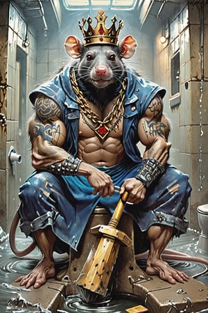digital art 8k,  a ripped,  muscluar,  humanoid rat sitting on a toilet in a dark damp sewer,  wearing a crown, the rat king is weilding a large sledge hammer over its shoulder. The rat king should have scars, wounds from battle, war tattoos, gold chains around his neck. The rat king should have "kingrat_" text logo tattooed on his arm. "2024" text logo should be tattooed on his other arm.

The rat king should look aggressive and defiant.,band_bodysuit,Movie Still,Text,newhorrorfantasy_style,Ukiyo-e,DonMN1gh7D3m0nXL,DonMDj1nnM4g1cXL 