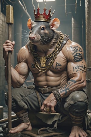 digital art 8k,  a ripped,  muscluar,  humanoid rat sitting on a toilet in a dark damp sewer,  wearing a crown, the rat king is weilding a large sledge hammer over its shoulder. The rat king should have scars, wounds from battle, war tattoos, gold chains around his neck. The rat king should have "kingrat_" text logo tattooed on his arm. "2024" text logo should be tattooed on his other arm.

The rat king should look aggressive and defiant.,band_bodysuit,Movie Still,Text,newhorrorfantasy_style,Ukiyo-e