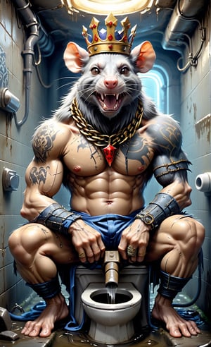 an anthropomorphic kat kig, in a realistic style.

digital art 8k,  a ripped,  muscluar,  humanoid rat sitting on a toilet in a dark damp sewer,  wearing a crown, the rat king is weilding a large sledge hammer over its shoulder. The rat king should have scars, wounds from battle, war tattoos, gold chains around his neck. 
The rat king should have "kingrat_" tattooed on his arm. "2024" should be tattooed on his other arm.

The rat king should look aggressive and defiant.,DonMDj1nnM4g1cXL 