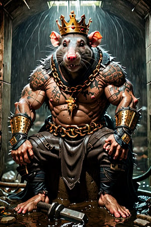 digital art 8k,  a ripped,  muscluar,  humanoid rat sitting on a toilet in a dark damp sewer,  wearing a crown, the rat king is weilding a large sledge hammer over its shoulder. The rat king should have scars, wounds from battle, war tattoos, gold chains around his neck. The rat king should have "kingrat_" text logo tattooed on his arm. "2024" text logo should be tattooed on his other arm. The rat king should have rat feet.

The rat king should look aggressive and defiant.,band_bodysuit,Movie Still,Text