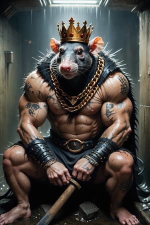digital art 8k,  a ripped,  muscluar,  humanoid rat sitting on a toilet in a dark damp sewer,  wearing a crown, the rat king is weilding a large sledge hammer over its shoulder. The rat king should have scars, wounds from battle, war tattoos, gold chains around his neck. The rat king should have "kingrat_" text logo tattooed on his arm. "2024" text logo should be tattooed on his other arm.

The rat king should look aggressive and defiant.,band_bodysuit,Movie Still,Text