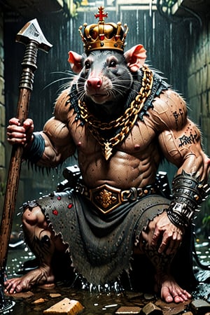 digital art 8k,  a ripped,  muscluar,  humanoid rat sitting on a toilet in a dark damp sewer,  wearing a crown, the rat king is weilding a large sledge hammer over its shoulder. The rat king should have scars, wounds from battle, war tattoos, gold chains around his neck. The rat king should have "kingrat_" text logo tattooed on his arm. "2024" text logo should be tattooed on his other arm. The rat king should have rat feet.

The rat king should look aggressive and defiant.,band_bodysuit,Movie Still,Text