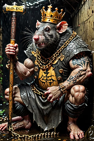 digital art 8k,  a ripped,  muscluar, hairy, humanoid rat sitting on a  toilet in a dark, damp, wet, slimy sewer,  wearing a crown, the rat king is holding a large sledge hammer. The rat king wears gold chains, with a skull amulet hanging from the chain. The rat king should have "kingrat_" text logo tattooed on his arm. The rat king should have scars, wounds from battle, war tattoos. Full body photo. 

The rat king should look aggressive and defiant.,band_bodysuit,Movie Still,Text,DonMn1ghtm4reXL