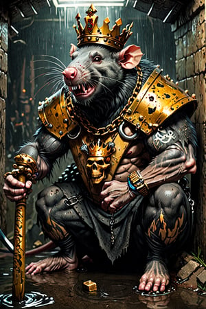 digital art 8k,  a ripped,  muscluar,  humanoid rat sitting on a  toilet in a dark damp sewer,  wearing a crown, the rat king is holding a large sledge hammer. The rat king wears gold chains, with a skull amulet hanging from the chain. The rat king should have "kingrat_" text logo tattooed on his arm. The rat king should have scars, wounds from battle, war tattoos. Full body photo. 

The rat king should look aggressive and defiant.,band_bodysuit,Movie Still,Text,DonMn1ghtm4reXL