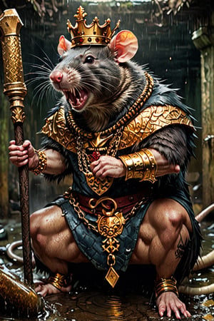 digital art 8k,  a ripped,  muscluar,  full body shot,  rabid rat sitting on a golden toilet in a dark damp sewer,  wearing a crown,  the rat king is holding a large sledge hammer. The rat king should have scars,  wounds from battle,  war tattoos,  gold chains around his neck. The rat king should have ((text "kingrat_" text)) tattooed on his arm.((text "2024" text)) text logo should be tattooed on his other arm. The rat king should have rat feet. , long sharp talons, matted fur, 1 long thin tail, evil looking, long nose

The rat king should look aggressive and defiantly at the viewer.