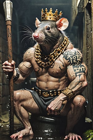 digital art 8k,  a ripped,  muscluar,  humanoid rat sitting on a toilet in a dark damp sewer,  wearing a crown, the rat king is weilding a large sledge hammer over its shoulder. The rat king should have scars, wounds from battle, war tattoos, gold chains around his neck. The rat king should have "kingrat_" text logo tattooed on his arm. "2024" text logo should be tattooed on his other arm.

The rat king should look aggressive and defiant.,band_bodysuit,Movie Still,Text,newhorrorfantasy_style,Ukiyo-e