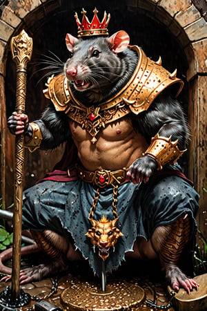 digital art 8k,  a ripped,  muscluar,  full body shot,  rabid rat sitting on a golden toilet in a dark damp sewer,  wearing a crown,  the rat king is holding a large sledge hammer. The rat king should have scars,  wounds from battle,  war tattoos,  gold chains around his neck. The rat king should have ((text "kingrat_" text)) tattooed on his arm.((text "2024" text)) text logo should be tattooed on his other arm. The rat king should have rat feet. , long sharp talons, matted fur, 1 long thin tail, evil looking, long nose

The rat king should look aggressive and defiantly at the viewer.