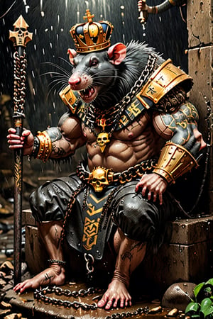 digital art 8k,  a ripped,  muscluar,  humanoid rat sitting on a golden toilet in a dark damp sewer,  wearing a crown, the rat king is weilding a large sledge hammer. The rat king wears gold chains, with a skull amulet hanging from the chain. The rat king should have "kingrat_" text logo tattooed on his arm. "2024" text logo should be tattooed on his other arm. The rat king should have scars, wounds from battle, war tattoos. Full body photo. 

The rat king should look aggressive and defiant.,band_bodysuit,Movie Still,Text,DonMn1ghtm4reXL