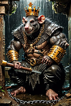 digital art 8k, high quality image,  a ripped,  muscluar, hairy, humanoid rat sitting on a toilet in a dark, damp, wet, slimy sewer,  wearing a crown, the rat king is holding one large sledge hammer. The rat king wears gold chains, with a skull amulet hanging from the chain. The rat king should have "kingrat_" text logo tattooed on his arm. The rat king should have scars, wounds from battle, war tattoos. Full body photo. 

The rat king should look aggressive and defiant.,band_bodysuit,Movie Still,Text,DonMn1ghtm4reXL