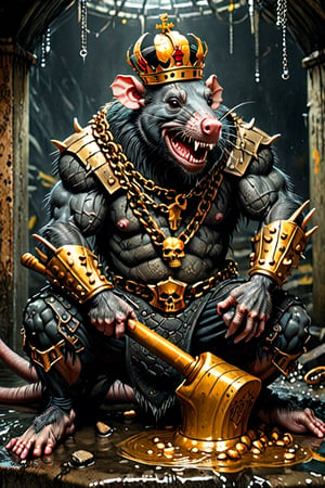 digital art 8k,  a ripped,  muscluar,  humanoid rat sitting on a golden toilet in a dark damp sewer,  wearing a crown, the rat king is weilding a large sledge hammer. The rat king wears gold chains, with a skull amulet hanging from the chain. The rat king should have "kingrat_" text logo tattooed on his arm. "2024" text logo should be tattooed on his other arm. The rat king should have scars, wounds from battle, war tattoos. Full body photo. 

The rat king should look aggressive and defiant.,band_bodysuit,Movie Still,Text,DonMn1ghtm4reXL