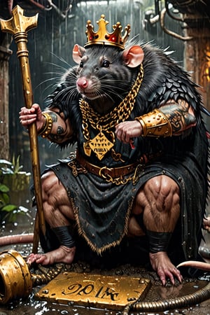 digital art 8k,  a ripped,  muscluar,  full body shot,  rabid rat sitting on a golden toilet in a dark damp sewer,  wearing a crown,  the rat king is holding a large sledge hammer. The rat king should have scars,  wounds from battle,  war tattoos,  gold chains around his neck. The rat king should have ((text "kingrat_" text)) tattooed on his arm.((text "2024" text)) text logo should be tattooed on his other arm. The rat king should have rat feet. , long sharp talons, matted fur, 1 long thin tail, evil looking, long nose

The rat king should look aggressive and defiantly at the viewer.