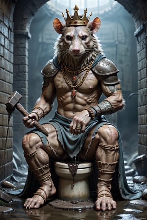 Please create a painted digital image of an anthropomorphic kat kig, in a realistic style.

digital art 8k,  a ripped,  muscluar,  humanoid rat sitting on a toilet in a dark damp sewer,  wearing a crown, the rat king is weilding a large sledge hammer over its shoulder. The rat king should have scars, wounds from battle, war tattoos, gold chains around his neck. The rat king should be wearing cargo shorts.
Behind his head reads "2024"

The rat king should look aggressive and defiant.