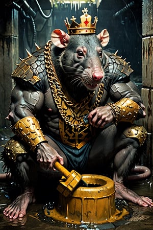 digital art 8k,  a ripped,  muscluar,  humanoid rat sitting on a golden toilet in a dark damp sewer,  wearing a crown, the rat king is weilding a large sledge hammer. The rat king should have scars, wounds from battle, war tattoos, gold chains around his neck. The rat king should have "kingrat_" text logo tattooed on his arm. "2024" text logo should be tattooed on his other arm.

The rat king should look aggressive and defiant.,band_bodysuit,Movie Still,Text,DonMn1ghtm4reXL