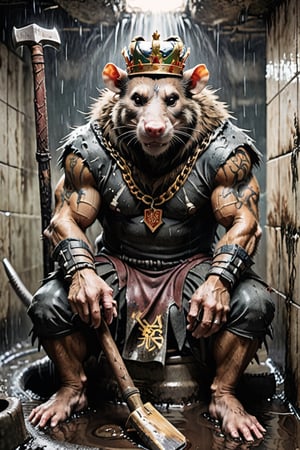 digital art 8k,  a ripped,  muscluar,  humanoid rat sitting on a toilet in a dark damp sewer,  wearing a crown, the rat king is weilding a large sledge hammer over its shoulder. The rat king should have scars, wounds from battle, war tattoos, gold chains around his neck. The rat king should have "kingrat_" text logo tattooed on his arm. "2024" text logo should be tattooed on his other arm.

The rat king should look aggressive and defiant.,band_bodysuit,Movie Still,Text,monster