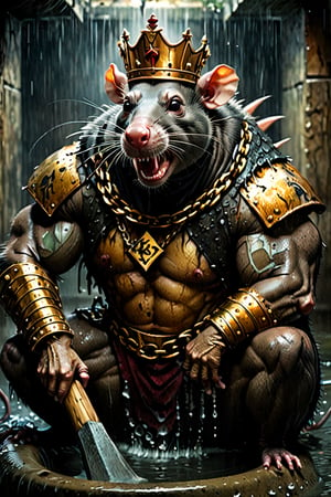 digital art 8k,  a ripped,  muscluar,  humanoid rat sitting on a golden toilet in a dark damp sewer,  wearing a crown, the rat king is weilding a large sledge hammer. The rat king should have scars, wounds from battle, war tattoos, gold chains around his neck. The rat king should have "kingrat_" text logo tattooed on his arm. "2024" text logo should be tattooed on his other arm.

The rat king should look aggressive and defiant.,band_bodysuit,Movie Still,Text,DonMn1ghtm4reXL