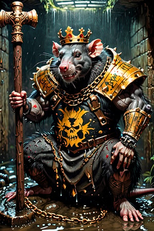 digital art 8k,  a ripped,  muscluar, hairy, humanoid rat sitting on a toilet in a dark, damp, wet, slimy sewer,  wearing a crown, the rat king is holding one large sledge hammer. The rat king wears gold chains, with a skull amulet hanging from the chain. The rat king should have "kingrat_" text logo tattooed on his arm. The rat king should have scars, wounds from battle, war tattoos. Full body photo. 

The rat king should look aggressive and defiant.,band_bodysuit,Movie Still,Text,DonMn1ghtm4reXL